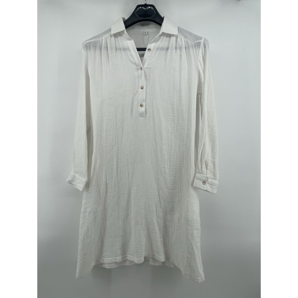 White Shirt Dress Women's Medium Gauzy Beachy Swim Coverup Dress Pockets NEW